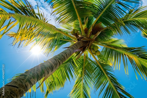 palm tree with lush green leaves and coconuts  against the backdrop of clear blue sky on sunny day