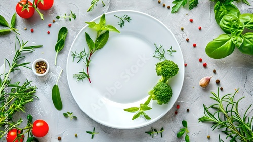 Fresh Vegetables and Herbs Around a White Plate on a Light Surface. Healthy Food Concept with Copy Space. Perfect for Recipe Backgrounds. Culinary Presentation. AI photo