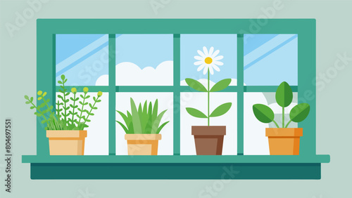 A window sill lined with potted herbs such as chamomile peppermint and sage for easy access when creating herbal remedies in the small home.