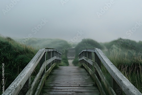 A wooden bridge leading to the dunes, surrounded by grassy meadows and mist on an overcast day