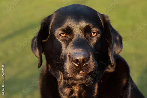 Portrait of a dog. Black labrador retriever with brown eyes on a background of green grass. © Lesia