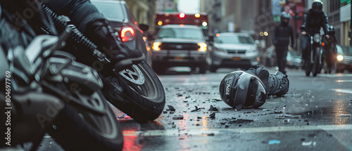 Car accident in the city, collosion between cars and motocycle, helmet on the road.