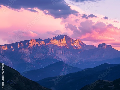 Beautiful mountain range at sunrise with pink and purple sky
