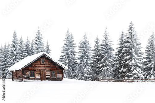 A rustic wooden cabin nestled among tall pine trees in a snowy landscape, isolated on solid white background. © MISHAL