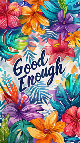 Good Enough  motivational greeting card with tropical flowers on white background