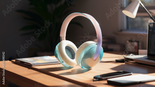 Wireless headphones with soft ear cups lying on a table next to a laptop and mobile phone, illuminated by sunlight © Mikalai