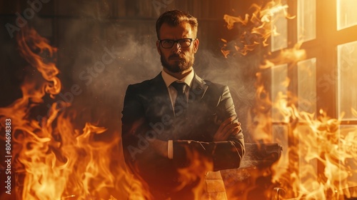 A businessman in front of a fire in an office. Corporate greed, financial collapse, destruction and excess. Mismanagement. A smug CEO. Golden handshake. Immoral. Corruption. photo