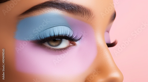 Closeup view of brown female eyes with evening makeup. Colorful pink and blue smokey eyes.