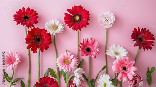 A lovely spring or summer greeting card idea featuring a delightful arrangement of red pink and white gerbera flowers set against a soft pastel pink backdrop Perfect for occasions like Vale