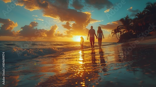 Group of People Walking Along Beach at Sunset