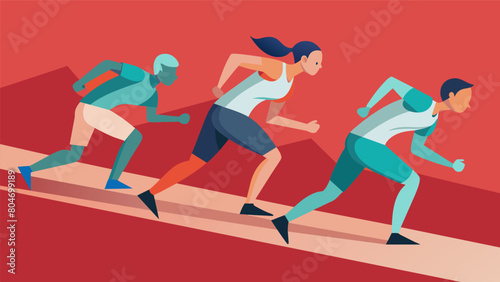 A group of runners pushing themselves to the limit on a soft surface track feeling the burn without the harsh impact.. Vector illustration © Justlight