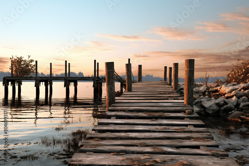 A rustic wooden dock extending into the shimmering waters at dusk  isolated on solid white background.