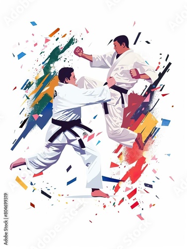 Two men in white karate are engaged in a karate match photo