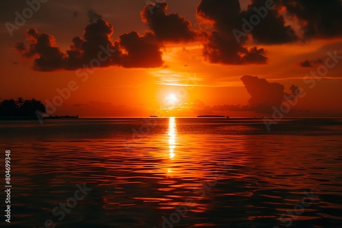 sun shines on the sea  casting an orange glow over everything below it. In front of you is Maldives s famous island