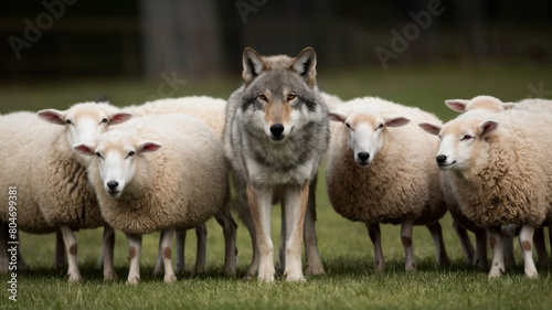 Wolf Among Sheep: Animals on Green Grass, Contrast Between Predator and Flock © Mikalai