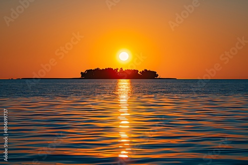 sun shines on the sea  casting an orange glow over everything below it. In front of you is Maldives s famous island