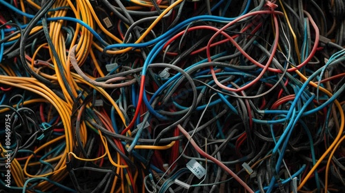 Close-up of tangled wires in a messy pile