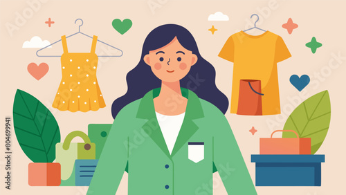 A sustainable fashion blogger featuring her favorite ethical and sustainable thrift stores advocating for supporting local businesses and secondhand. Vector illustration