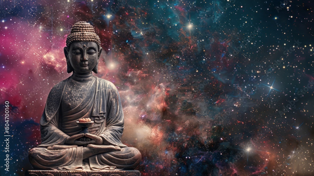 Buddha statue in cosmic backdrop, meditating amidst stars, representing enlightenment and the universe. Perfect for conceptual art.