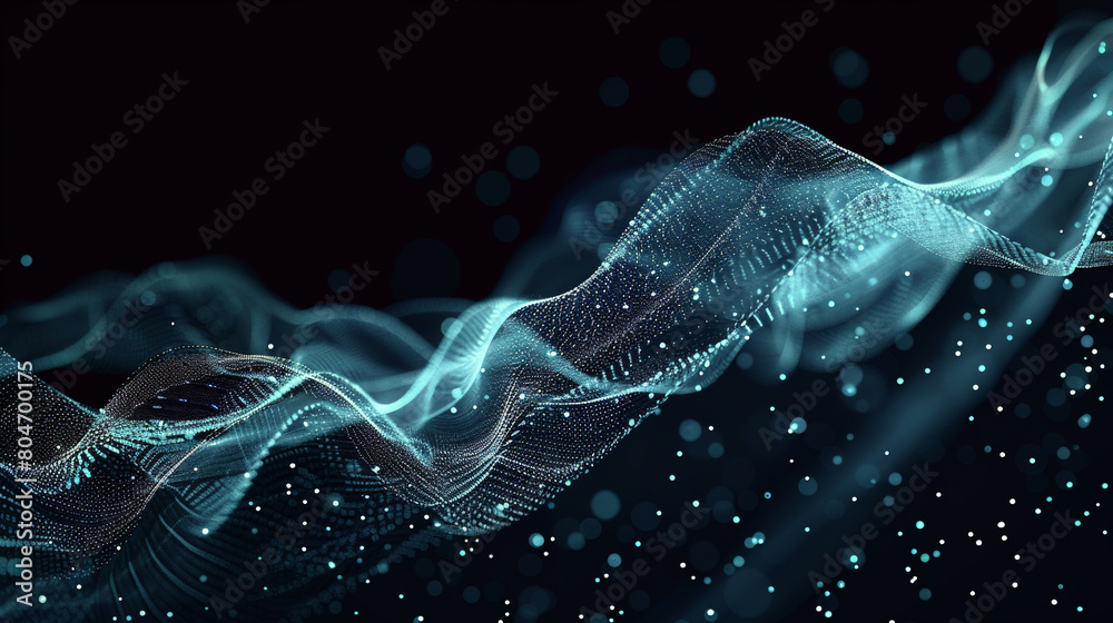 High-tech digital wave with streaming cyber particles on a stark black background. High-tech digital wave with streaming cyber particles on a stark black background.