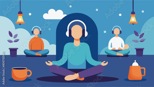 A guided meditation class with noisecancelling headphones and weighted blankets for individuals with anxiety.. Vector illustration