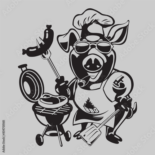 Cartoon Pig Chef BBQ Grill Cooking: Playful Illustration of a Swine Chef Barbecuing with Style