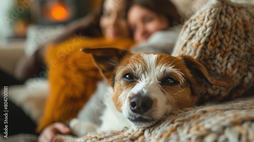 Man and Woman Relaxing on Couch With Dog