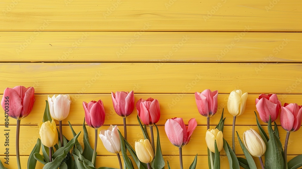 Naklejka premium Celebrate Mother s Day with a charming display of tulips blooming against a soft pastel yellow wooden backdrop