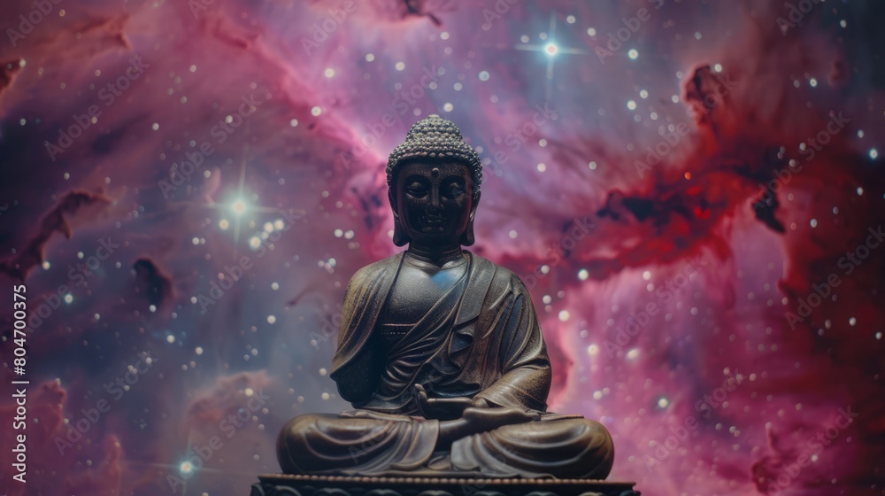 Buddha statue in cosmic backdrop, meditating amidst stars, representing enlightenment and the universe. Perfect for conceptual art. Buddha statue in cosmic backdrop, meditating amidst stars, representing enlightenment and the universe. Perfect for conceptual art.