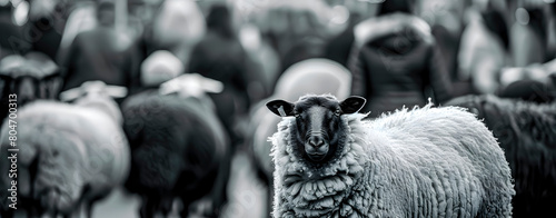 Black and white image of a sheep looking at the camera. photo