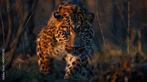 The image captures the intense gaze and stealthy approach of an Amur leopard amidst a dimly lit natural setting, highlighting its powerful presence