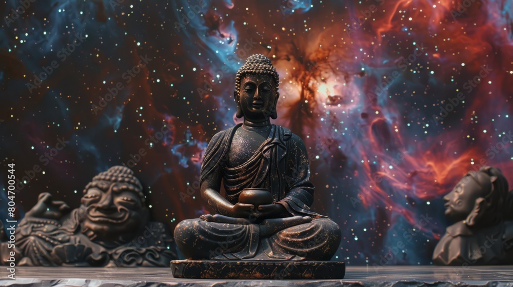 Buddha statue in cosmic backdrop, meditating amidst stars, representing enlightenment and the universe. Perfect for conceptual art.