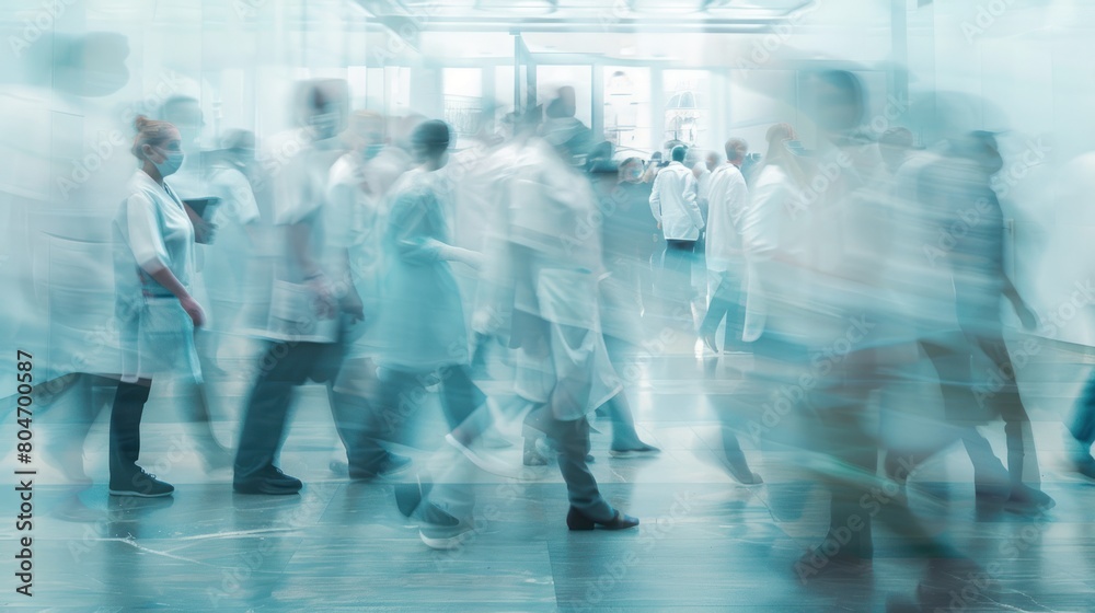 Blurred motion of medical worker walking in hospital room