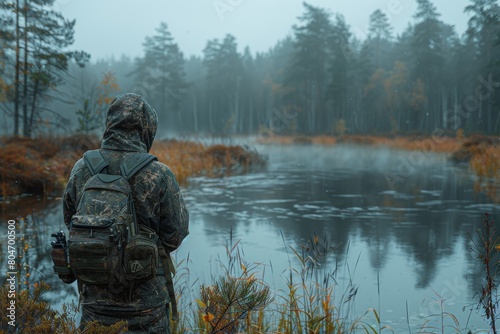 A camouflaged hunter with a camera stands by a misty lake, surrounded by autumn-toned forest