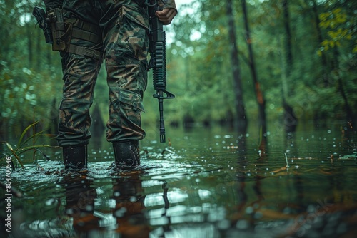 Fully geared soldier with rifle moves through a flooded woodland, suggesting a covert military operation photo