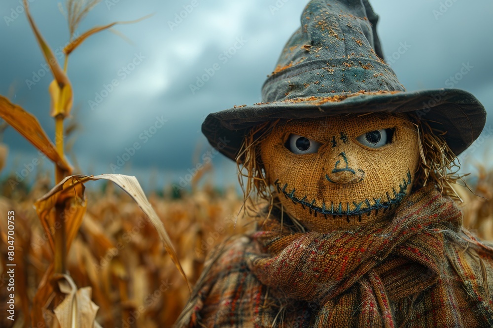 A traditional scarecrow with a hat framed by dried cornstalks stands in a field, creating an autumnal rural scene