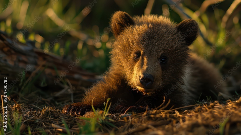Fototapeta premium An adorable brown bear cub captures hearts as it lies on the forest ground with a tender gaze