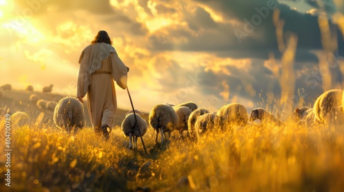 illustration Jesus is walking in meadow with sheep Jesus is shepherding religious symbol