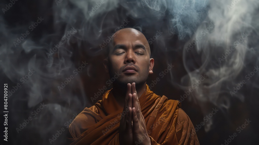 Ethnic male monk in brown religious robe with eyes closed meditating and praying while standing over black background with smoke Ethnic male monk in brown religious robe with eyes closed meditating and praying while standing over black background with smoke