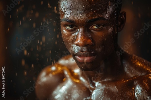 Strong, glistening muscles of a determined man lifting weights against a backdrop of a rainy, dark atmosphere
