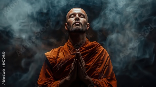 Ethnic male monk in brown religious robe with eyes closed meditating and praying while standing over black background with smoke
