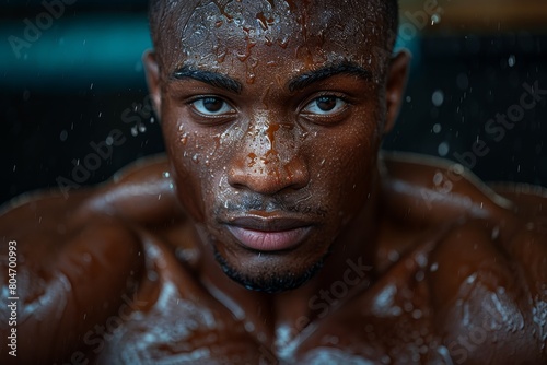 An intense close-up of a male boxer's face with a focused gaze and sweat droplets, exuding determination