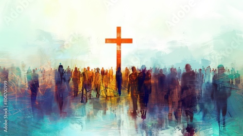 Many people around the cross, christian concept, modern painting #804700999