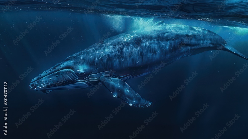 Intimate portrayal of a humpback whale mother and calf swimming close together in the deep blue ocean Intimate portrayal of a humpback whale mother and calf swimming close together in the deep blue ocean