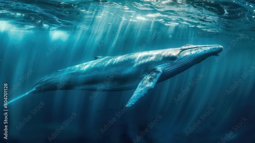 An awe-inspiring image of a blue whale smoothly gliding through water illuminated by heavenly sunlight shafts An awe-inspiring image of a blue whale smoothly gliding through water illuminated by heavenly sunlight shafts