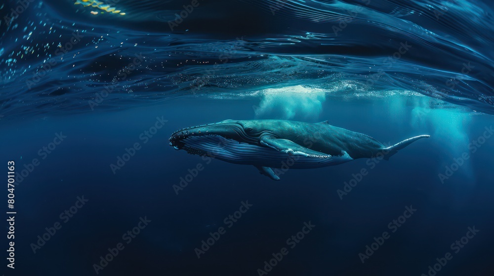 Fototapeta premium Dramatic image capturing a humpback whale as it dives with its tail fin visible above the water’s surface in a deep blue oceanic environment