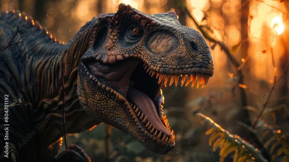 A photo-realistic rendering of the fearsome Tyrannosaurus Rex roaring amidst a prehistoric forest setting A photo-realistic rendering of the fearsome Tyrannosaurus Rex roaring amidst a prehistoric forest setting