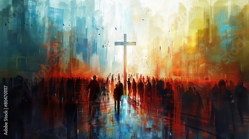 Many people around the cross  christian concept  modern painting