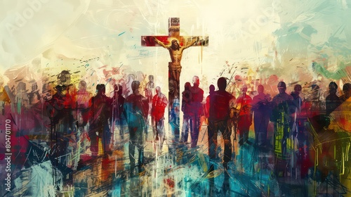 Many people around the cross  christian concept  modern painting