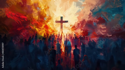 Many people around the cross, christian concept, modern painting photo